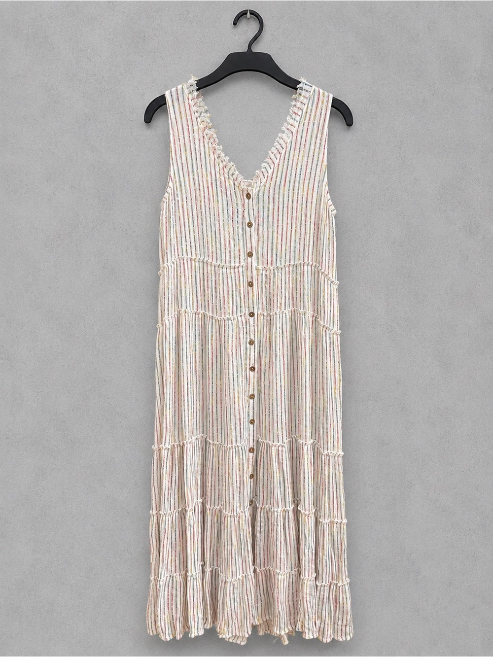 Z&L Boho Maxi Dress Sequin Stripe Tiered Tassel Button Front Viscose S